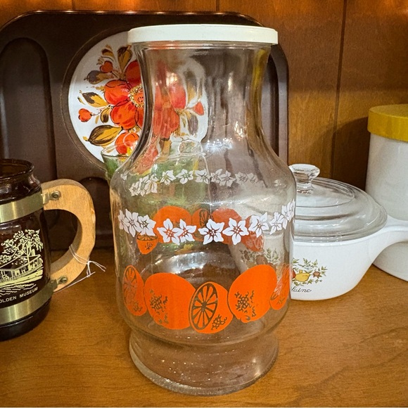 Vintage Anchor Hocking Orange Blossom Glass Juice Carafe Juice Pitcher With Lid - Picture 2 of 11